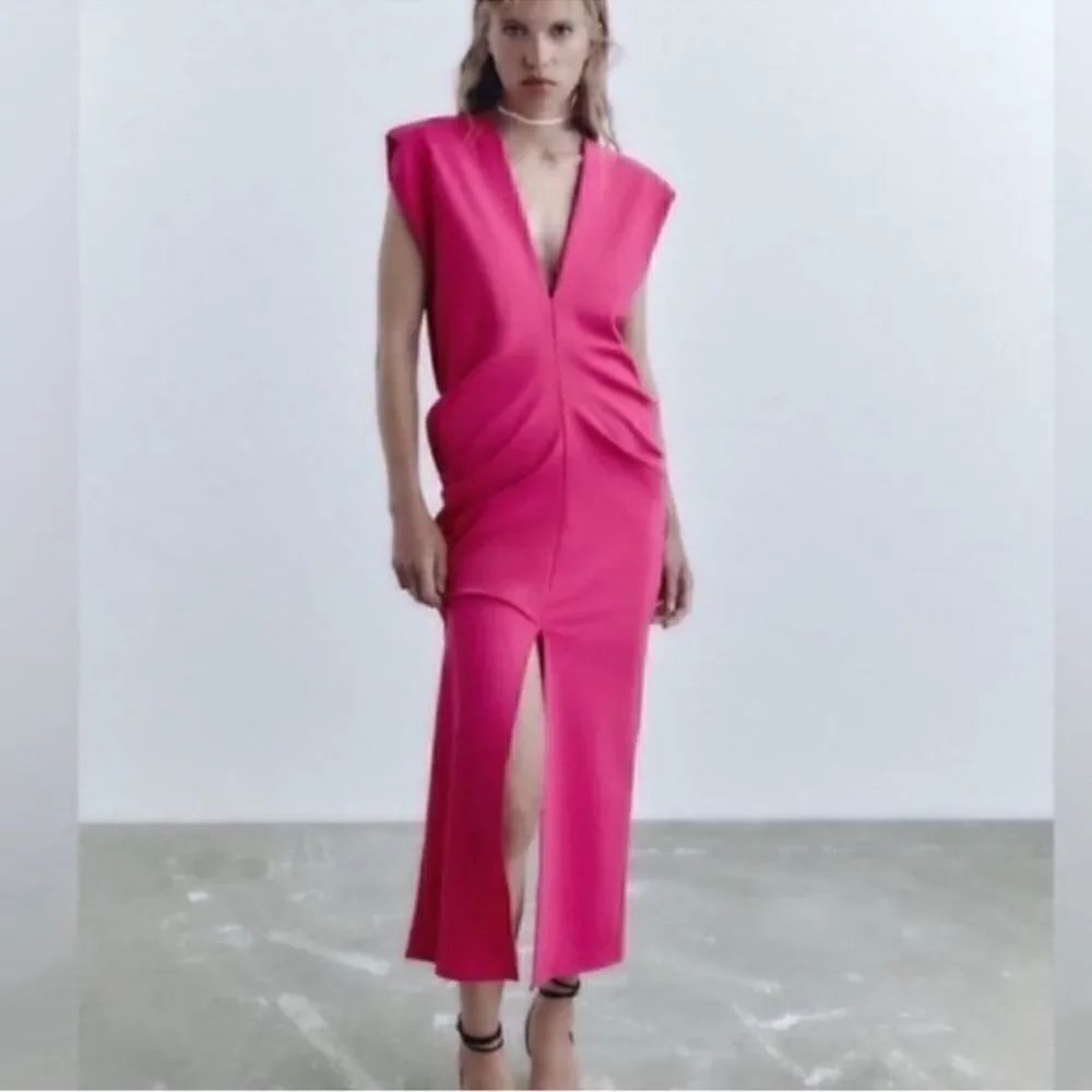 Zara Ruched Pink MIDI Dress With
Slits(Size Small)